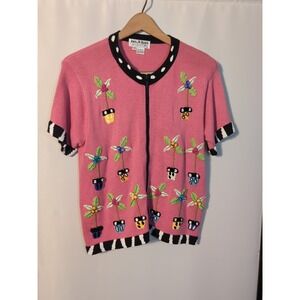 Vtg Jack B. Quick Embrodiered Floral Zipper Cardigan M‎ Granny Cottage 90's